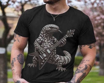 Funny Gila Monster Lizard Playing Electric Guitar T-Shirt, Rocker Reptile Graphic Tee, Rock N Roll Gift