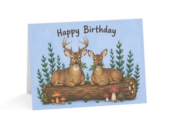Tarjeta de feliz cumpleaños con ciervo macho y cierva, estilo rústico y campestre.