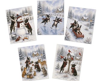 Juego de 5 tarjetas de felicitación navideñas de invierno con diseño de Boston Terrier y muñeco de nieve.