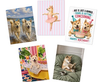 Juego de tarjetas de felicitación Jindo Dog, surtido de 5 tarjetas: Cumpleaños, Lecturas acogedoras, Playa, Bailarina, Lindo diseño floral en la bañera