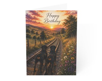 Rottweiler Birthday Card, Sunset Railroad Landscape