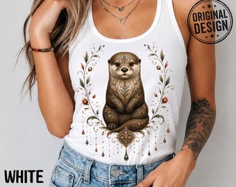 Ornate Otter Racerback Tank Top, Boho Shirt, Folk Art Gift