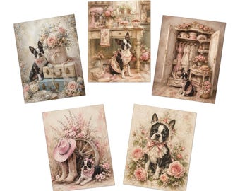Juego de tarjetas de felicitación de Boston Terrier, paquete de 5 tarjetas florales rosas, regalo de Boston Terrier