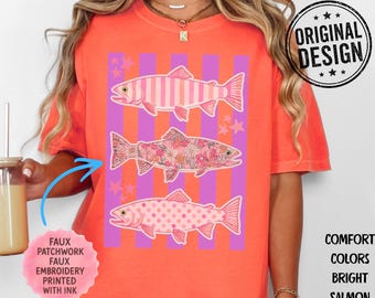 Retro Coral Fish Tee, Coastal Striped Floral Trout Graphic T-Shirt, Vibrant Fish Shirt, Comfort Colors Shirt