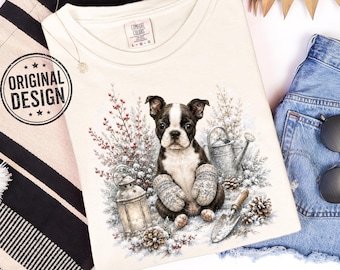 Cute Boston Terrier Winter Scene T-Shirt, Gardening Gift, Comfort Colors Shirt