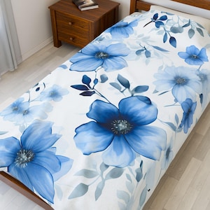 Cozy Blue Floral Velveteen Plush Blanket for Home Comfort, Warmth, Gift for Her, Home Décor, Cozy Nights, Throw Blanket, Ai Prompted