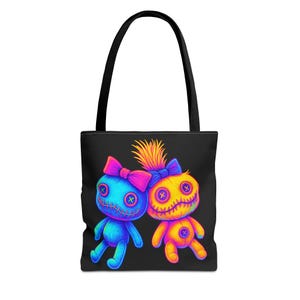 Colorful Neon Rainbow Kawaii Rag Dolls Tote Bag, Cute Gift for Kids, Halloween, Funky Beach Bag, Whimsical Shopping Tote, Art Print Bag