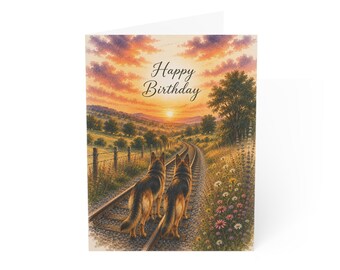 German Shepherd Birthday Card, Sunset Railroad Landscape