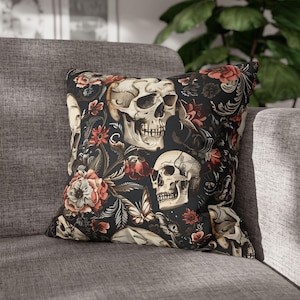 Gothic Floral Skull Pillowcase Skull Decor Home Decor Alternative Cushion Cover Halloween Decor Grunge Bedroom, Ai Prompted