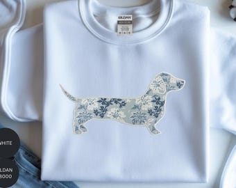 Dachshund Silhouette Sweatshirt, Doxie Sweater, Blue Floral Chinoiserie Toile De Jouy Shirt