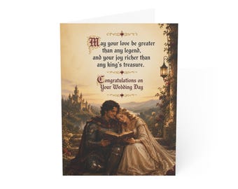 Tarjetas de felicitación románticas para bodas medievales: Caballero medieval, princesa, felicitaciones para la pareja.