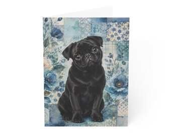 Black Pug Floral Greeting Card Set, Cute Pug Note Cards for Any Occasion Set of 10 Cards