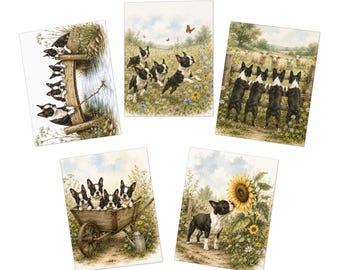 Juego de tarjetas de felicitación Boston Terrier, paquete de 5 tarjetas rústicas florales, girasol de primavera