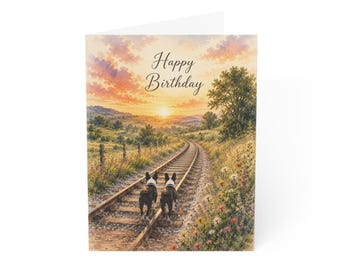 Boston Terrier Birthday Card, Sunset Railroad Landscape