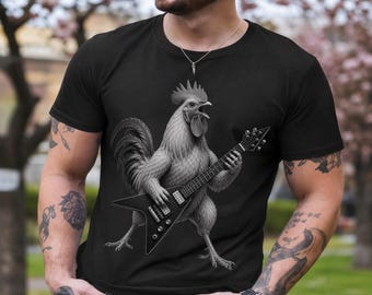 Funny Rooster Shirt, Rock N Roll Electric Guitar T-Shirt, Chicken Playing Electric Guitar Tee, Comfort Colors Shirt