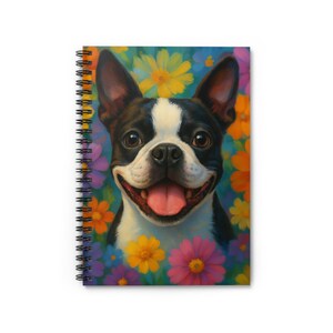 Cheerful Boston Terrier Dog Spiral Notebook - Bright Floral Design, Ideal for Pet Lovers, Journaling, Gift for Kids, Dog Enthusiasts