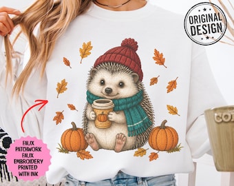 Fall Hedgehog Sweatshirt, Cozy Autumn Sweater with Pumpkin and Coffee Gift