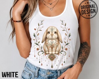 Ornate Lop Ear Bunny Racerback Tank Top, Boho Shirt, Folk Art Gift