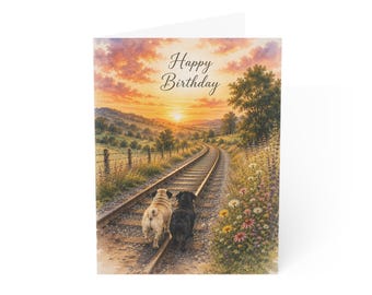 Pug Birthday Card, Sunset Railroad Landscape, Black Pug Fawn Pug