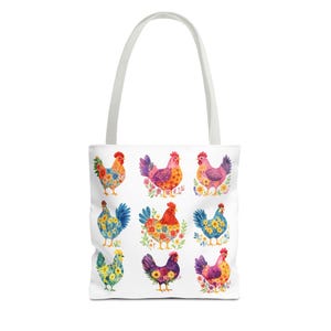 Sac fourre-tout coloré au poulet, motif carré de 9 pouces, décoration de ferme, sac à provisions écologique, cadeau pour les amateurs de poulet, fourre-tout au design floral pour tous les jours