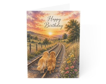 Golden Retriever Birthday Card, Sunset Railroad Landscape