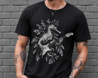 Camiseta divertida de estrella de rock con dragón marino y hojas, guitarra eléctrica, rock and roll, estilo grunge punk rock de los 90, Comfort Colors.