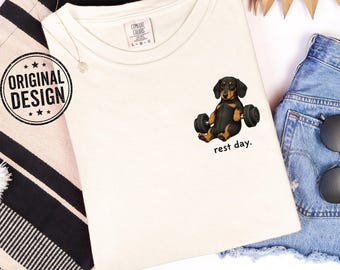 Dachshund TShirt, Rest Day, Weight Lifting Exercise Gym Shirt, Pocket Design, Chest Design, Comfort Colors Shirt