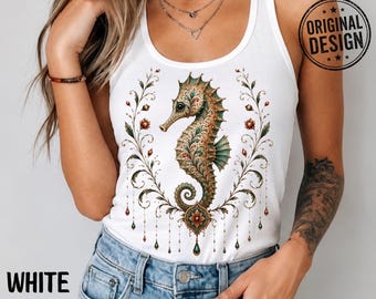 Ornate Seahorse Racerback Tank Top, Boho Shirt, Folk Art Gift