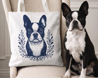 Bolso tote Boston Terrier, bolso de mano con estampado de flores silvestres, estilo cottagecore, regalo para mamá de Boston Terrier, diseño floral monocromático azul estilo Toile de Jouy.
