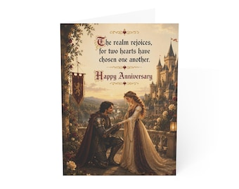 Biglietto d'auguri medievale per anniversario, romantico castello medievale, cavaliere e principessa per la coppia
