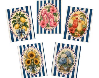 Juego de tarjetas de felicitación Retro Summer Notes, paquete de 5 tarjetas surtidas con hortensias, limones, girasoles, cócteles y motivos de playa y océano.
