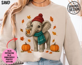 Fall Elephant Sweatshirt, Cozy Autumn Sweater with Pumpkin and Coffee Gift