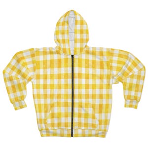 Bright Yellow Country Checkered Unisex Zip Hoodie, Cozy Casual Wear, Perfect For Fall, Ideal Gift for Friends & Family, Ai Prompted