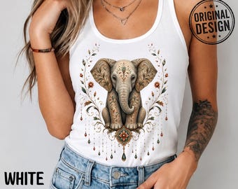 Ornate Elephant Racerback Tank Top, Boho Shirt, Folk Art Gift