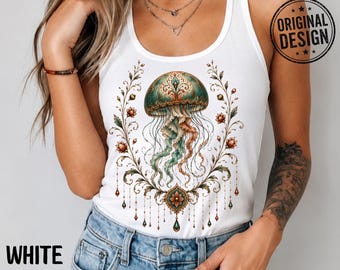 Ornate Jellyfish Racerback Tank Top, Boho Folk Art Shirt