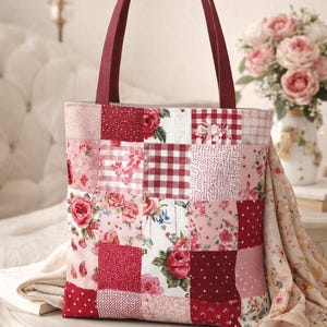 Bolso de patchwork acolchado falso, bolso de mano con rosas rojas, bolso de mano con estampado floral, bolso de regalo, bonito bolso rojo rosa, bolso de patchwork floral, bolso rojo