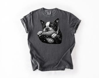 Funny Boston Terrier Shirt, Eating Chicken Leg T-shirt, Monochrome 90s Grunge Boston Terrier Gift, Comfort Colors Shirt