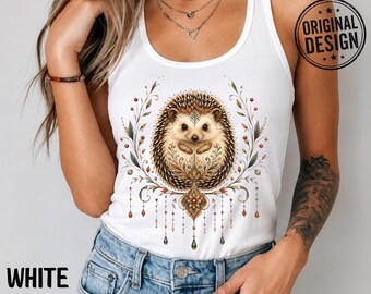 Ornate Hedgehog Racerback Tank Top, Boho Shirt, Folk Art Gift
