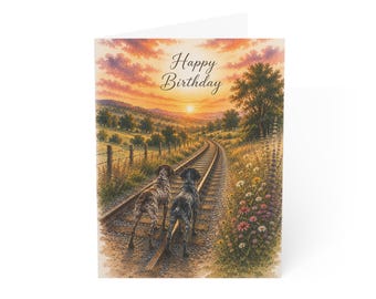 German Shorthair Pointer GSP Birthday Card, Sunset Railroad Landscape
