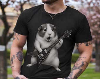 Rock N Roll Guinea Pig T-Shirt, Funny Guinea Pig Playing Electric Guitar Graphic Tee, 80s Grunge Comfort Colors Shirt