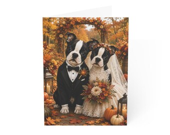 Autumn Boston Terrier Wedding Card,  Fall Pumpkins Boston Terrier Congratulations