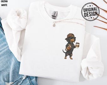Dachshund Football Coffee Sweatshirt, Cute Dachshund Sweater, Chest Pocket Design