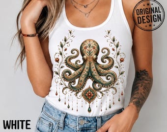 Ornate Octopus Tank Top, Boho Folk Art Shirt