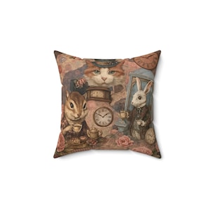 Whimsical Wonderland Animal Art Pillow, Vintage Decor, Home Accent, Feline Cat and Rabbit, Gift for Animal Lovers, Cozy Living Room