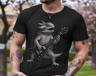 Rock N Roll gehörnte Eidechse T-Shirt, lustige Eidechse spielt E-Gitarre Grafik T-Shirt, 80er Jahre Grunge Comfort Farben Shirt