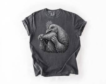 Camiseta divertida de pollo, camiseta de pollo frito con gallina y gallo, estética grunge de los 90, camiseta de colores cómodos