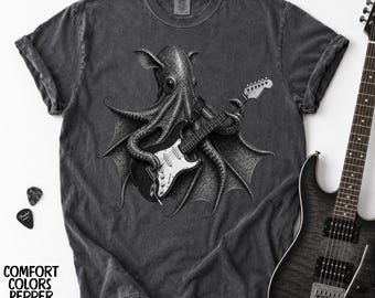 Camiseta divertida de vampiro calamar rockero, guitarra eléctrica rock N roll, camiseta grunge punk rock de los 90, camiseta Comfort Colors