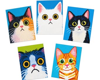Juego de 5 tarjetas de felicitación con divertidas caras de gatos, tarjetas en blanco surtidas, regalo para amantes de los gatos.