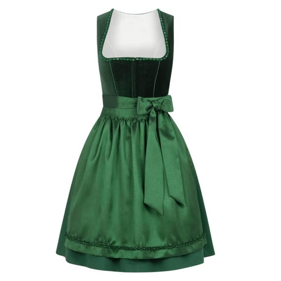 Green Velvet Traditional Dirndl Dress | Emerald Bavarian Dress | Luxe Oktoberfest Outfit with Apron