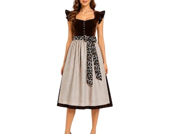 Braunes Samt-Dirndlkleid, beige Schürze, Leoparden-Schärpe, bayerisches Oktoberfest-Outfit